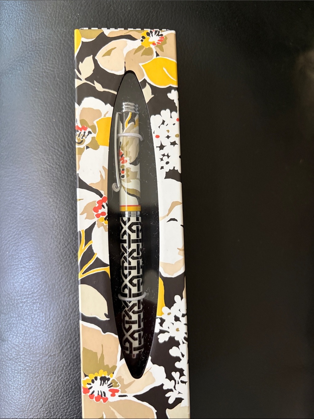 Vera Bradley Black Yellow Cream Floral Ballpoint Pen in Gift Box